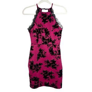 90s Pink Halter Dress Size Small Black Velvet Flowers Lace Mini Semi Formal HOCO
